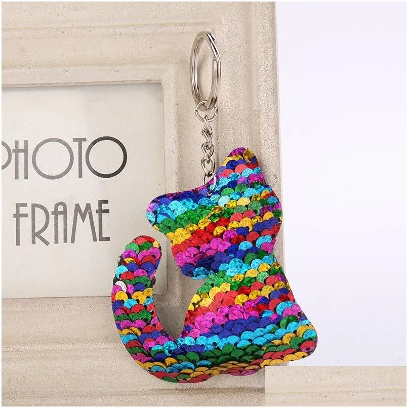 cute cat keychain glitter pompon sequins key ring gifts women decorative charms car bag accessories key chain