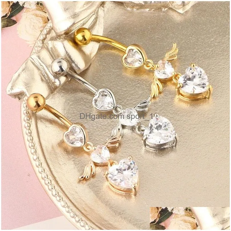 women fashion piercing crystal heart wing belly navel ring dangle personality body jewelry accessories