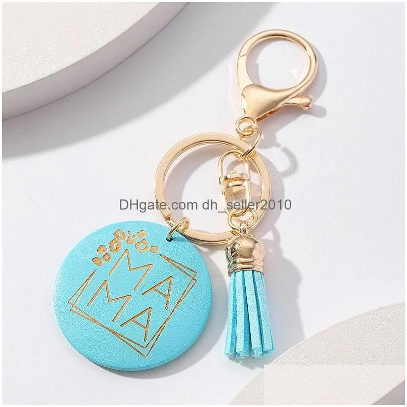 mothers day gift keychain wood round tag pendant mama letter tassel keyring for mom purses bag car charms key holder jewelry