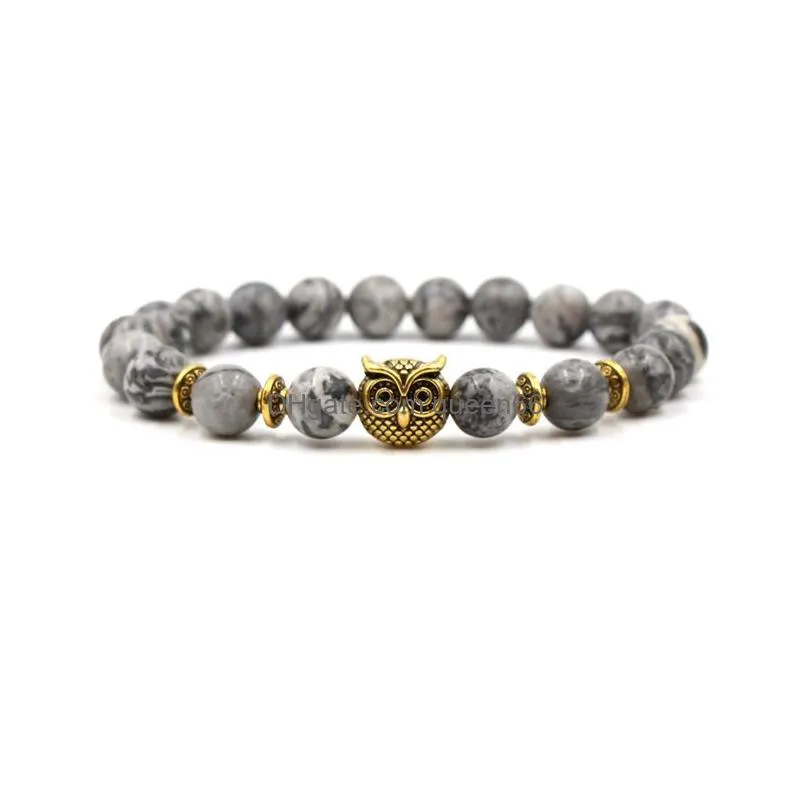 6 styles 8mm gray natural stone beads bracelet metal owl  head charms balance buddha prayer stretch yoga bracelet jewelry