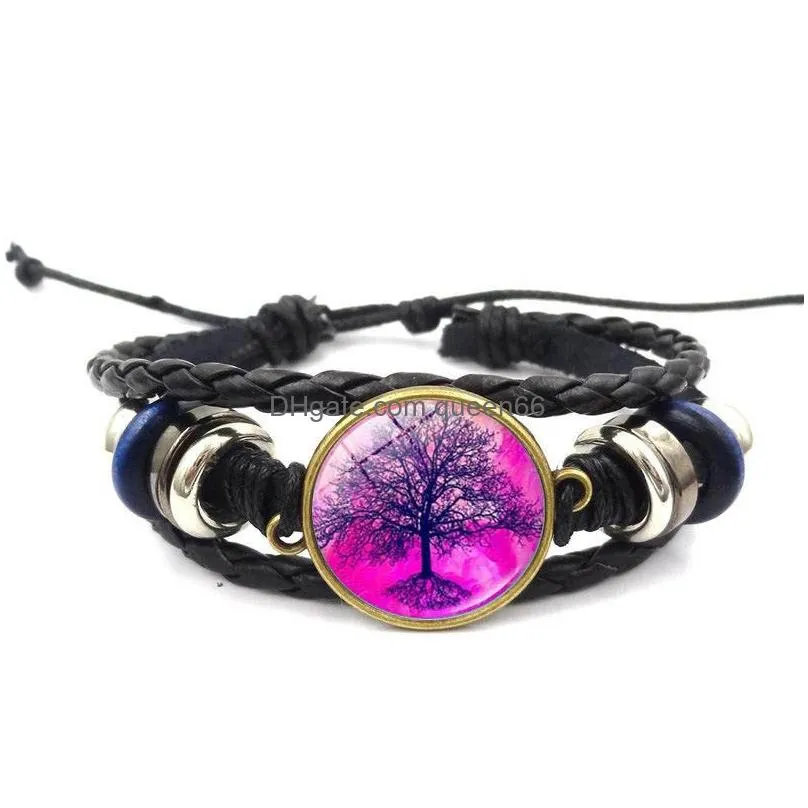 life of tree howling handmade glass cabochon woven leather bangles mens black cool punk animal bracelet diy jewelry for women