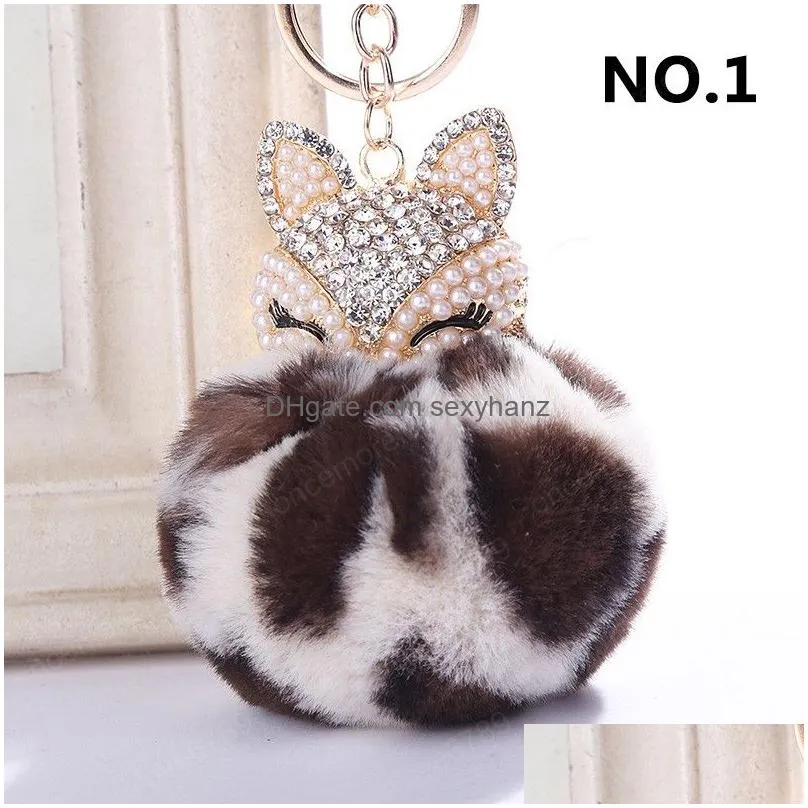 mini fox fur ball keychain handmade fluffy fur cute pompom ball key rings inlaid rhinestone lady bag accessories car pendant xmas