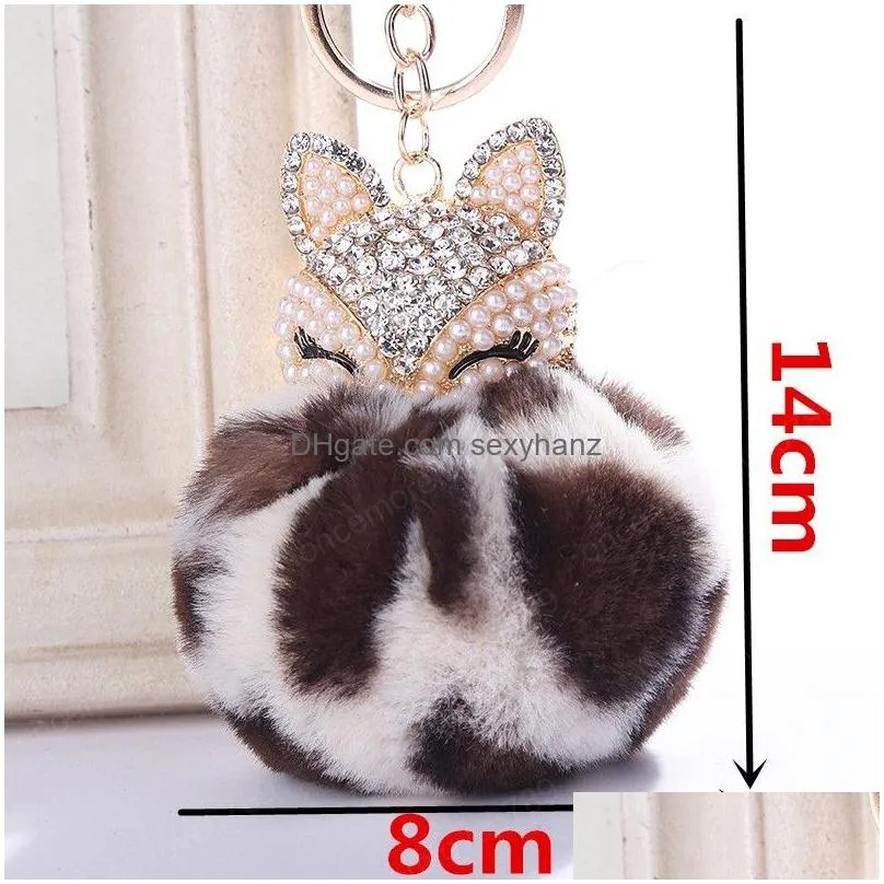 mini fox fur ball keychain handmade fluffy fur cute pompom ball key rings inlaid rhinestone lady bag accessories car pendant xmas