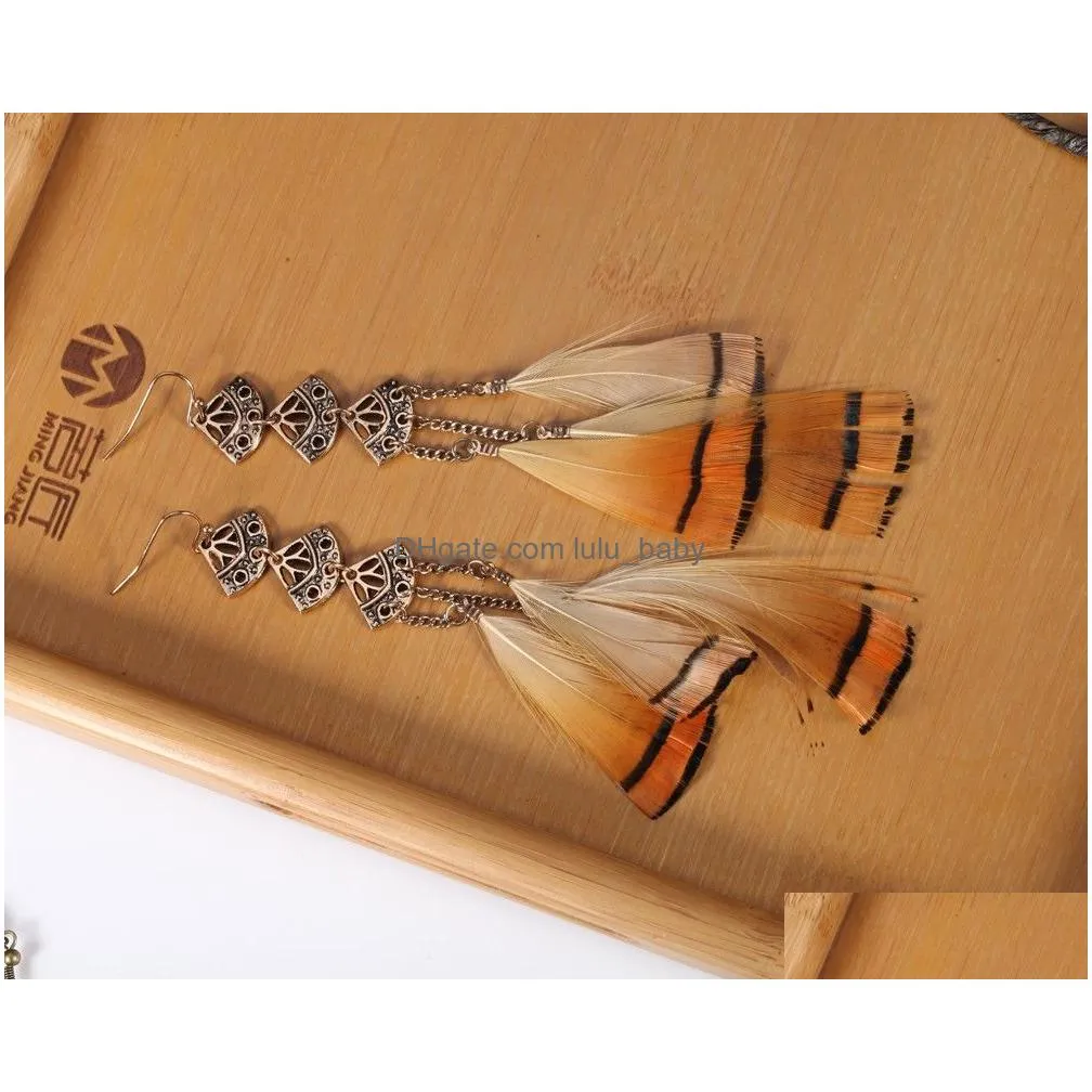 bohemian vintage bronze carved drop earring feather tassel yellow feather party earrings for women fashion jewelry