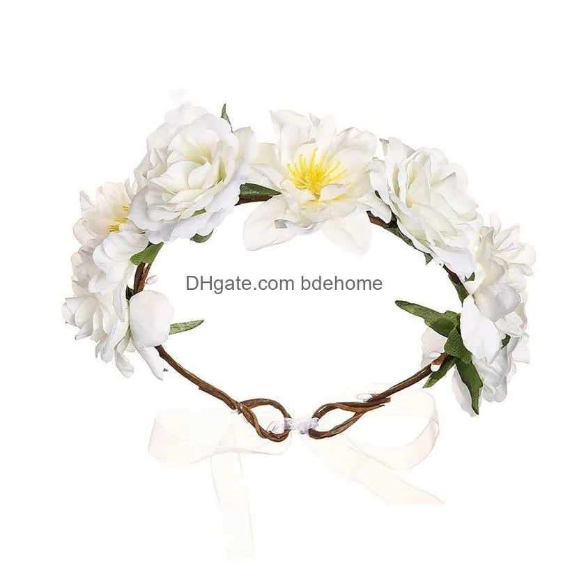 flower headband rose handmade flowers floral garland hair band adjustable women girls headdress for wedding