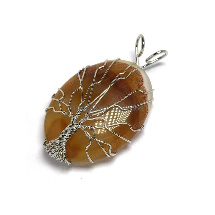 wholesale silver plated wire wrap tree of life oval shape many colors agate pendant ethnic style jewelry