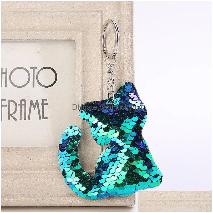 cute cat keychain glitter pompon sequins key ring gifts women decorative charms car bag accessories key chain