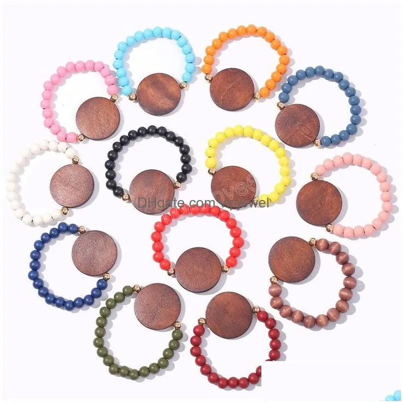 party favor fashionable colorful wooden handmade bracelet charms elastic chain with disc bangle bracelet