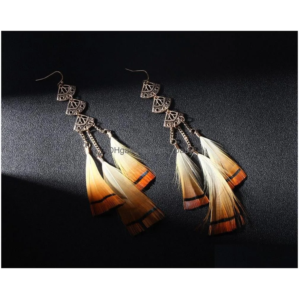 bohemian vintage bronze carved drop earring feather tassel yellow feather party earrings for women fashion jewelry