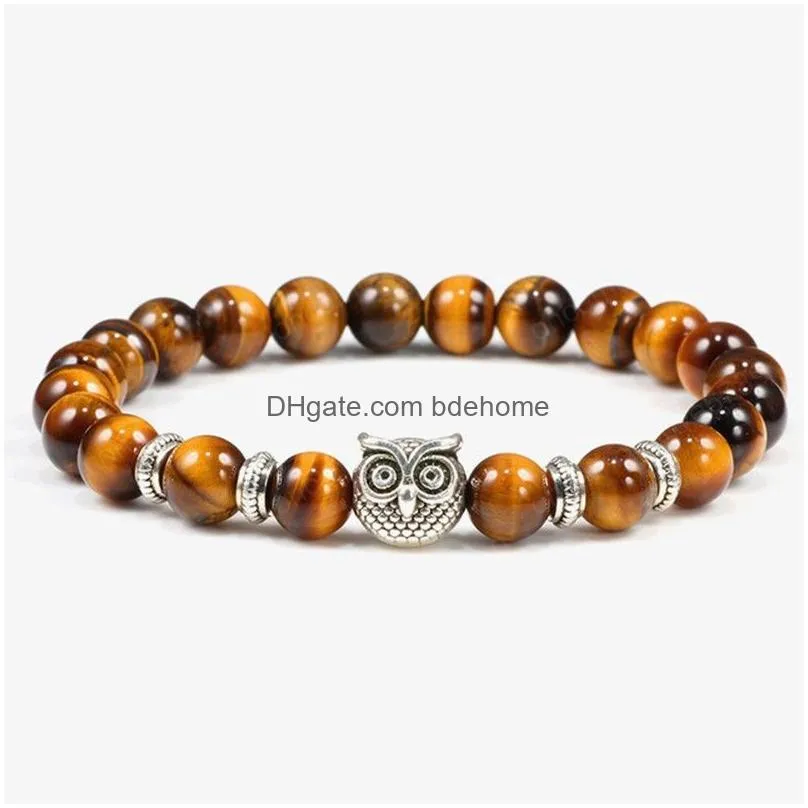 tiger eye stone men bracelet 8mm malachite weathering owl head charm beaded bracelets women strand bangle yoga jewelry pulseras