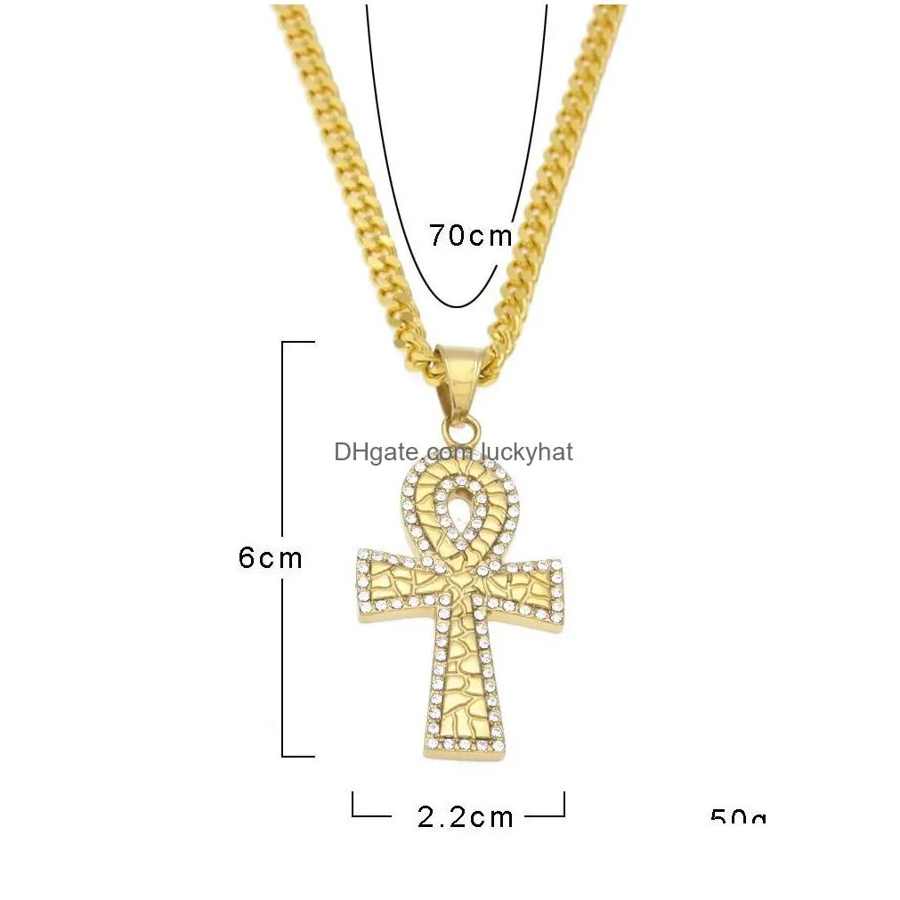 men women ankh keys cross statement necklace egyptian jewelry bling rhinestone gold plated stainless steel pendant chain life egypt