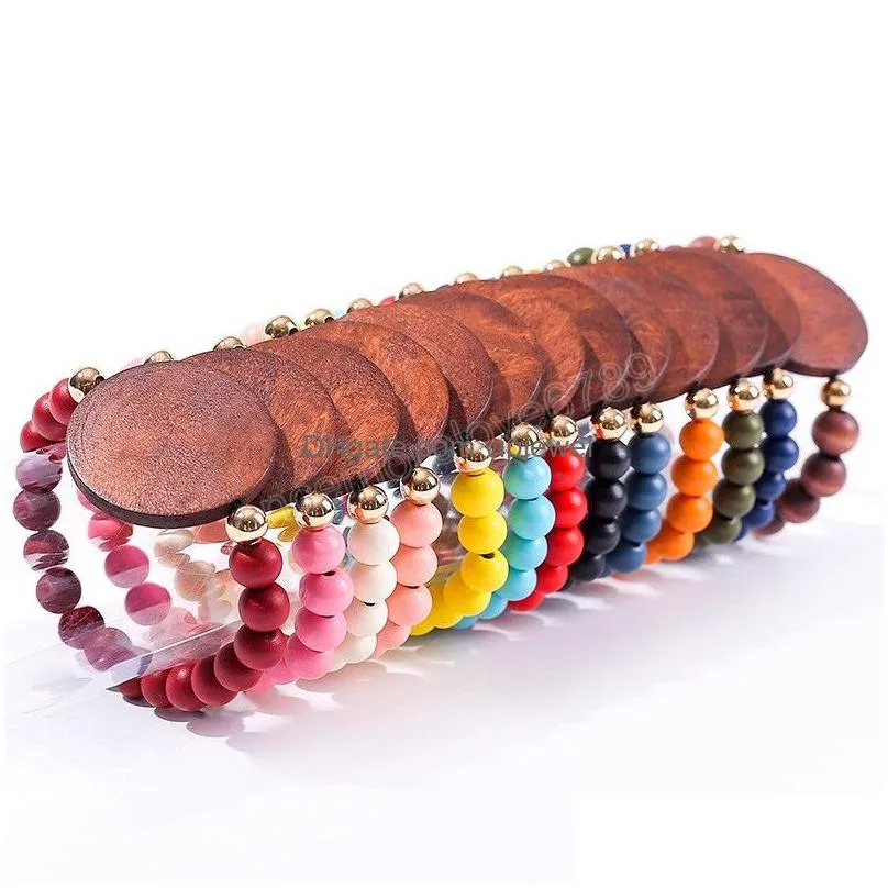 party favor fashionable colorful wooden handmade bracelet charms elastic chain with disc bangle bracelet