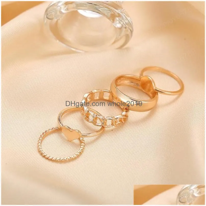 vintage gold alloy ring sets for women 5pcs/set punk wide link chain fashion irregular geometric heart finger rings