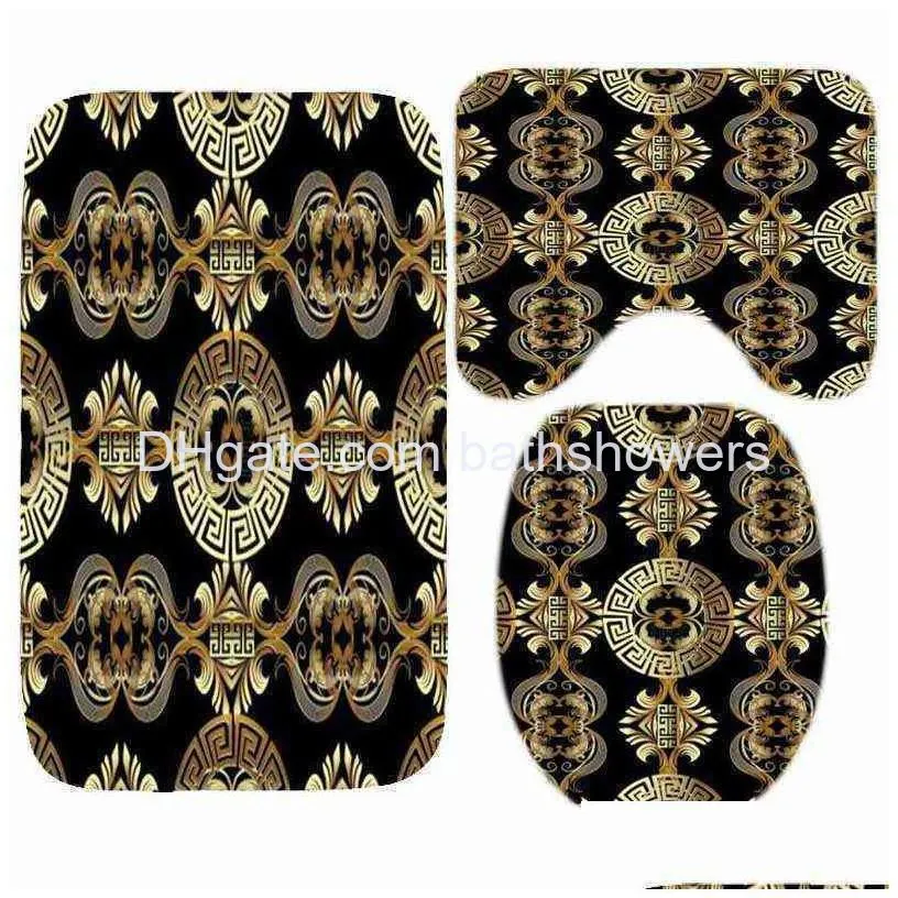 luxury black 3d gold greek key meander bathroom curtains shower curtain set for bathroom modern geometric ornate bath rug decor 211223