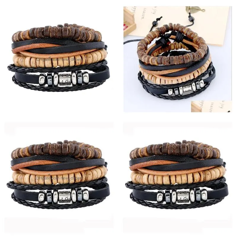  mens genuine leather bracelet diy pu multilayer wood bead braid beading combination suit bracelet 4styles/1set