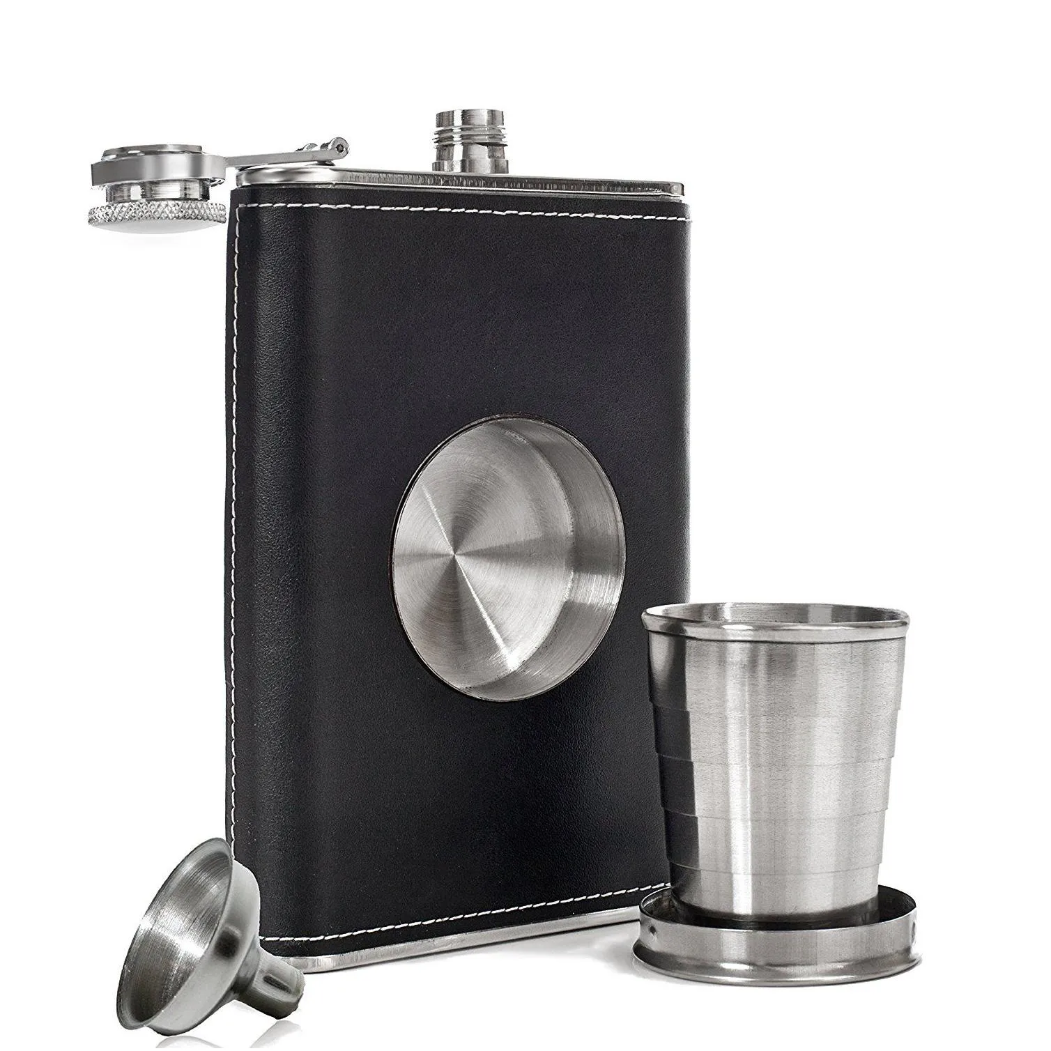 8oz flask with a builtin collapsible shot glass flask funnel stainless steel premium leather wrapping black leather