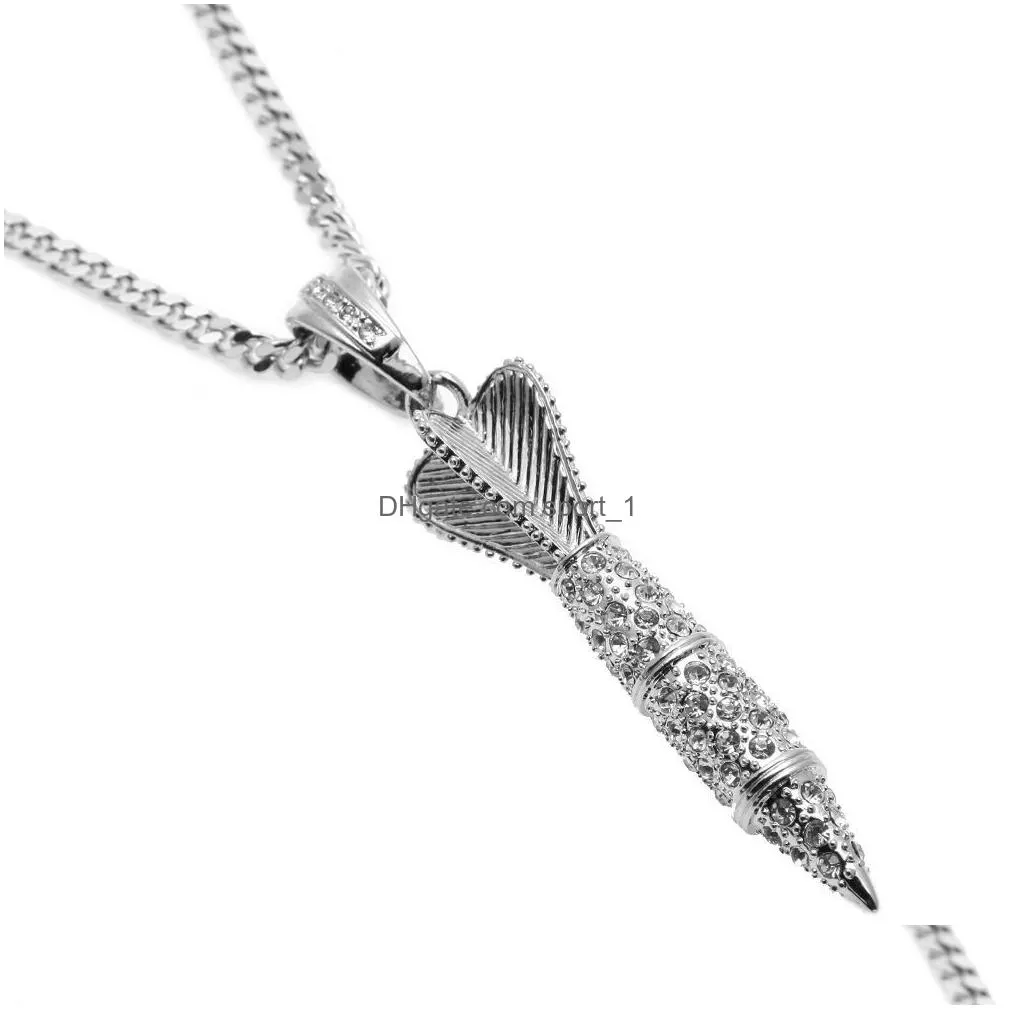bling bling gold color rhinestone iced out military rocket arrow dart pendant necklace hip hop style rapper jewelry