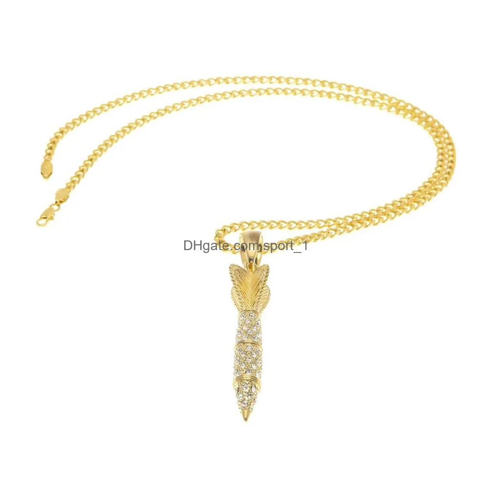 bling bling gold color rhinestone iced out military rocket arrow dart pendant necklace hip hop style rapper jewelry