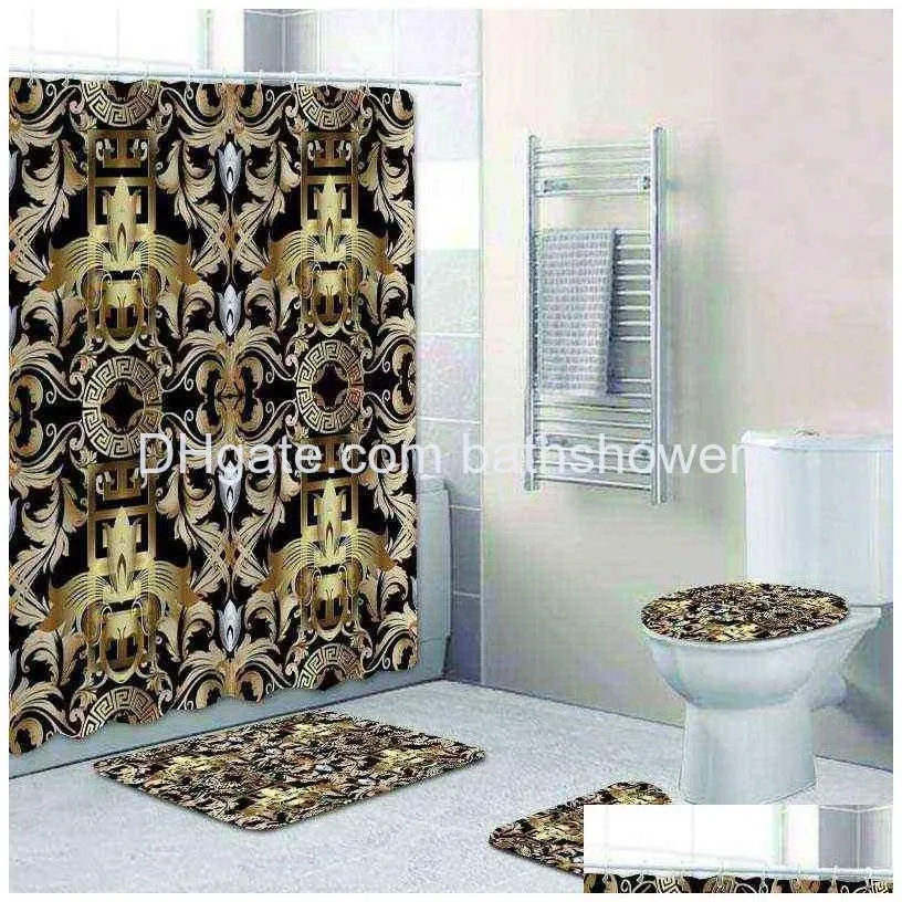 luxury black 3d gold greek key meander bathroom curtains shower curtain set for bathroom modern geometric ornate bath rug decor 220117