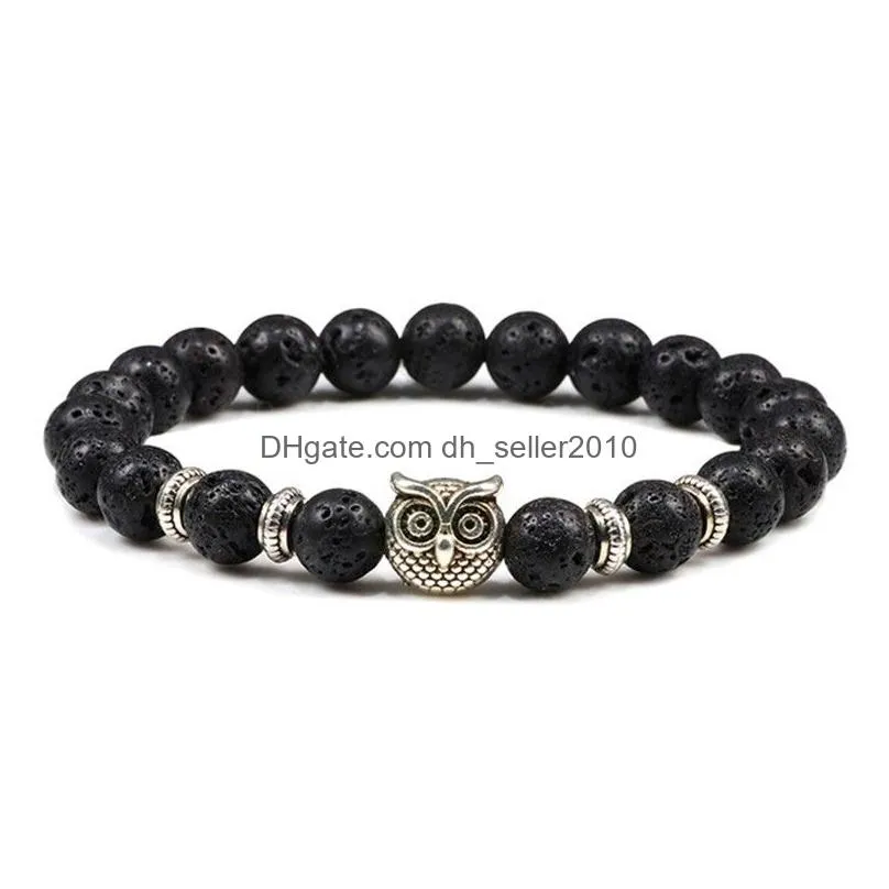 classic black lava beads bracelet fashion sliver color owl natural stone white black bracelets bangle women yoga stretch jewelry