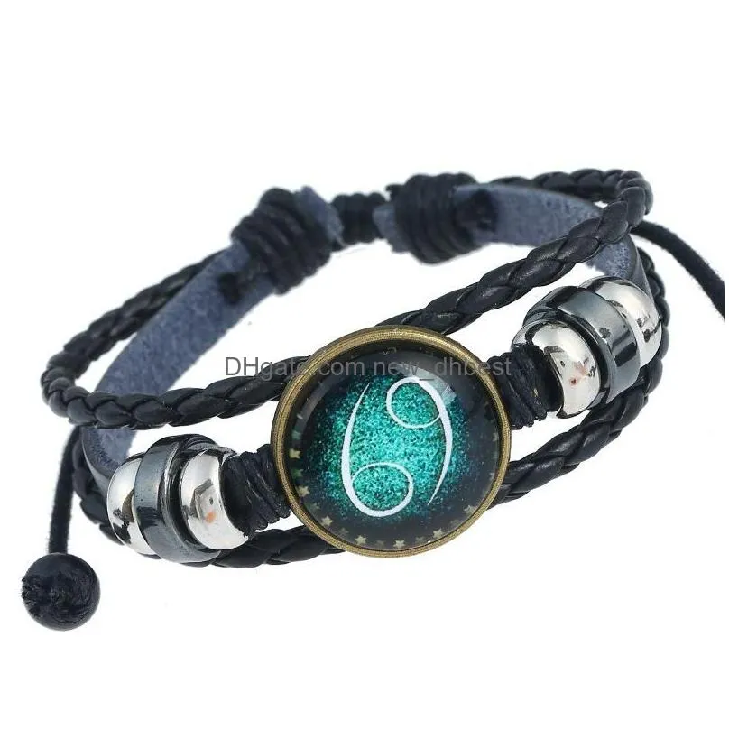 2020 new classic twelve constellation charm horoscope bracelets leather bracelet punk jewelry 12 styles rope braided