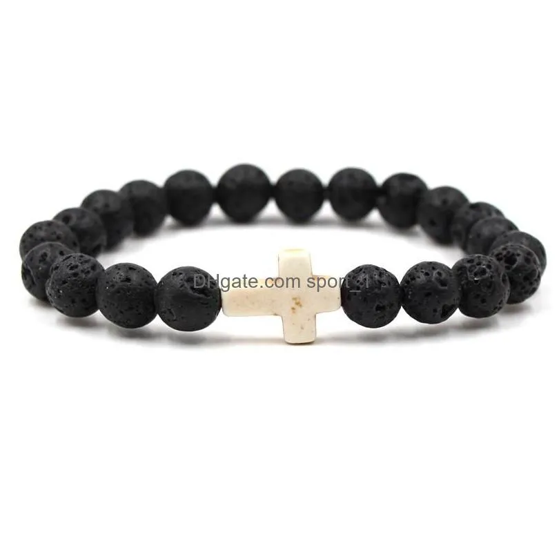 cross charms black lava stone bracelet aromatherapy  oil diffuser bracelet for men women stretch yoga jewelry