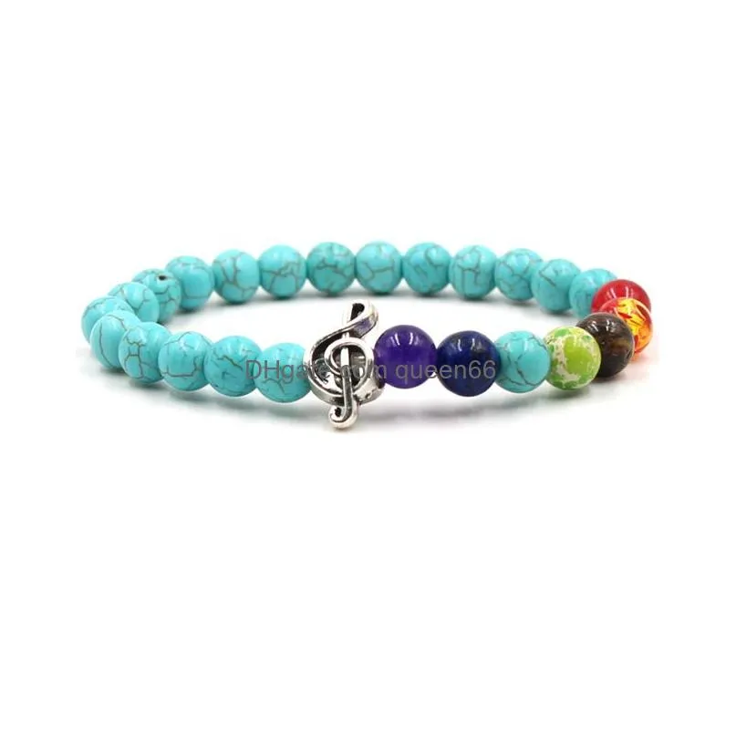 8 colors 8mm colourful chakras natural stone beads bracelets musical note charms bracelet lover strench yoga jewelry