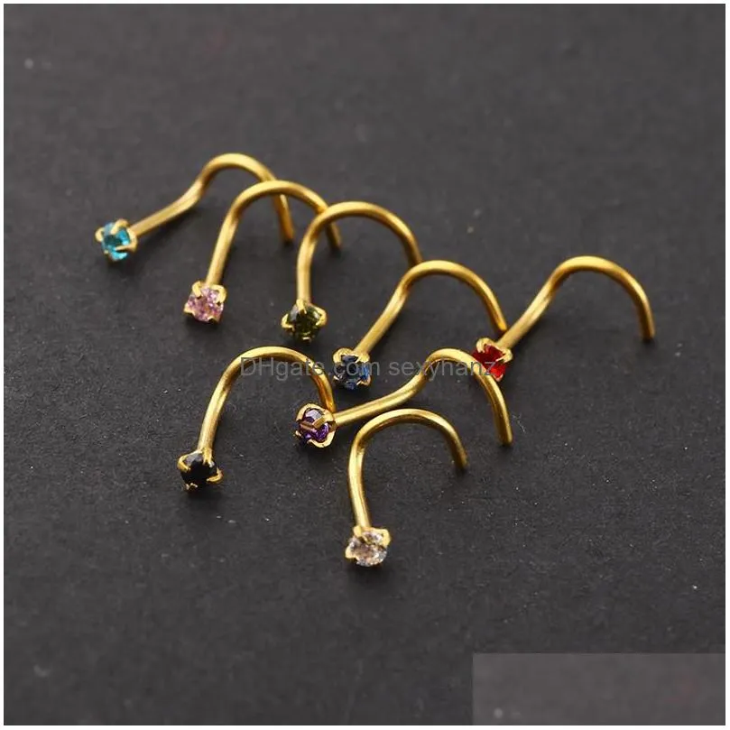 nose ring prong set cz stud screw gold silver clear black blue red zircon nody jewelry nose piercing