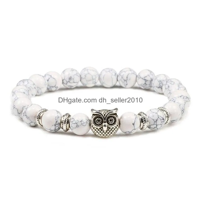 classic black lava beads bracelet fashion sliver color owl natural stone white black bracelets bangle women yoga stretch jewelry