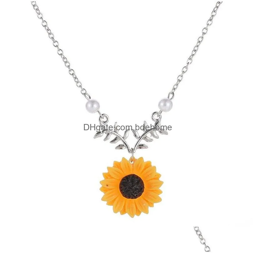 gold plated leaf bracnch necklace yellow sunflower pendant necklaces long chain peal necklace for women fashion jewelry