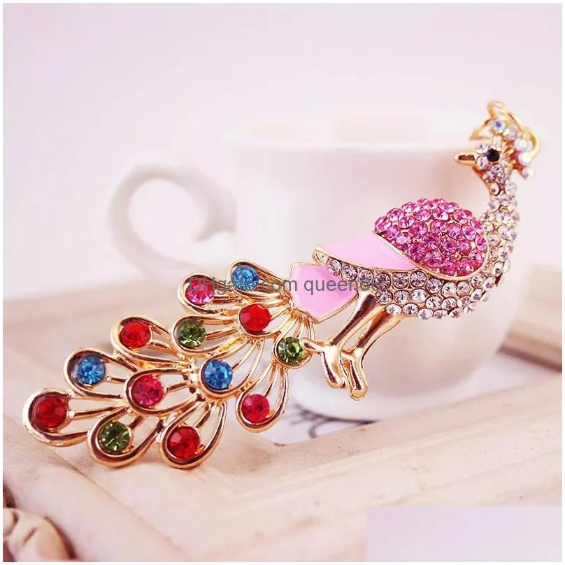 newest colorful rhinestone crystal alloy peacock keychain ladies bag accessories key chain pendant