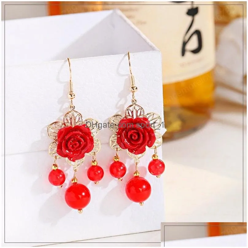 classic summer  flower earrings for women bijoux ethnic red dangle drop earrings wedding jewelry