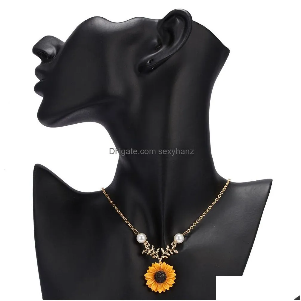 delicate sunflower pendant gold color necklace vintage imitation pearls necklace women temperament wedding jewelry drop 