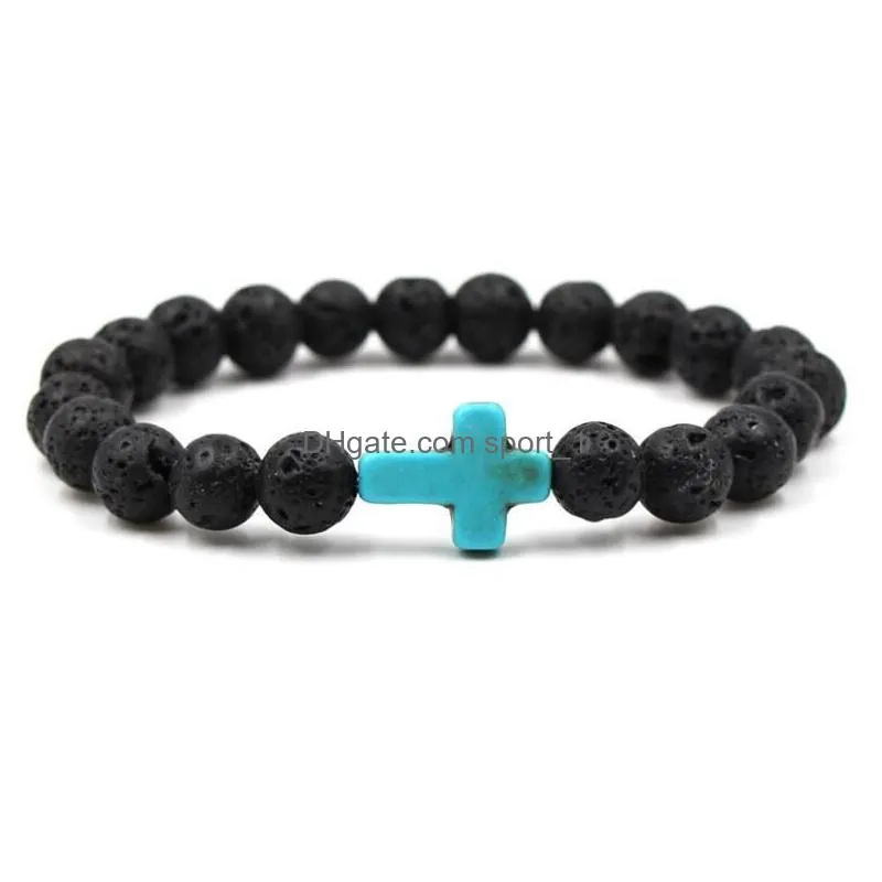 cross charms black lava stone bracelet aromatherapy  oil diffuser bracelet for men women stretch yoga jewelry