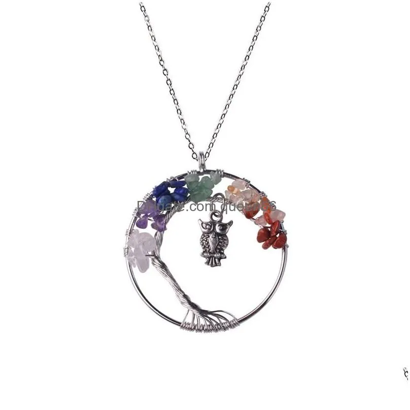 handmade rainbow chakra owl tree of life necklace multicolor amethyst rose quartz wisdom tree natural stone collier necklace