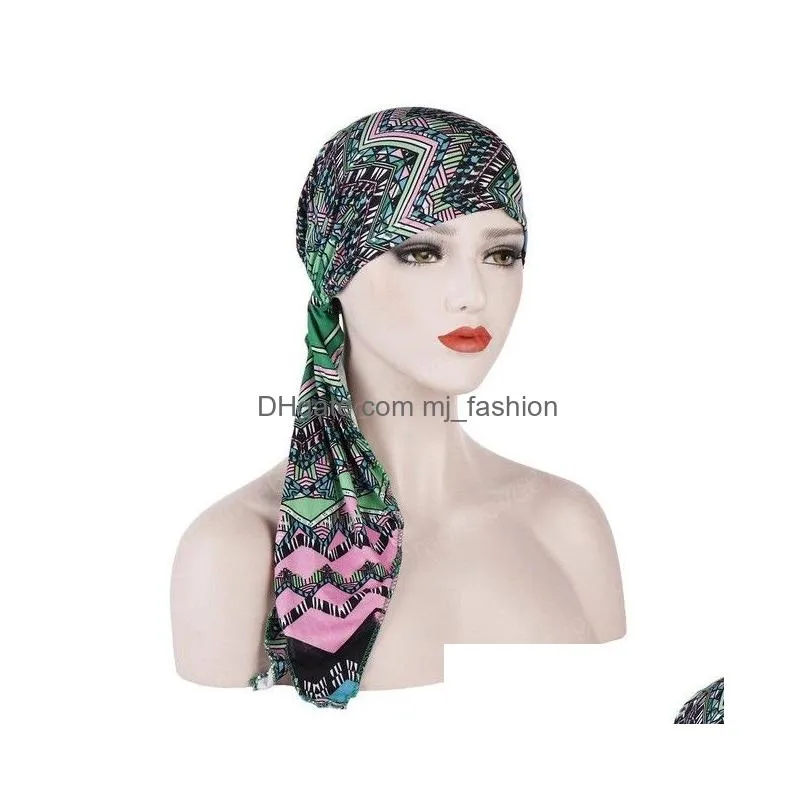 muslim women flower print ladies head wrap cover chemo cap hijab turban long tail bonnet hat hair loss bandanas ethnic fashion