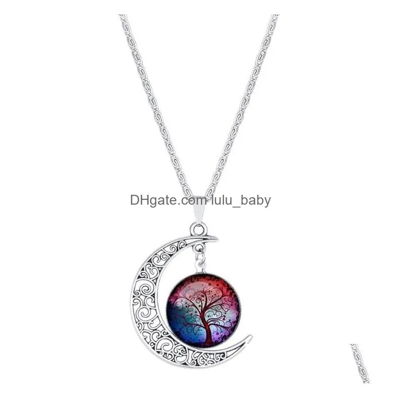 silver tree of life time gem cabochon necklace moon sun family tree glass pendant nice jewelry accessary gift girl