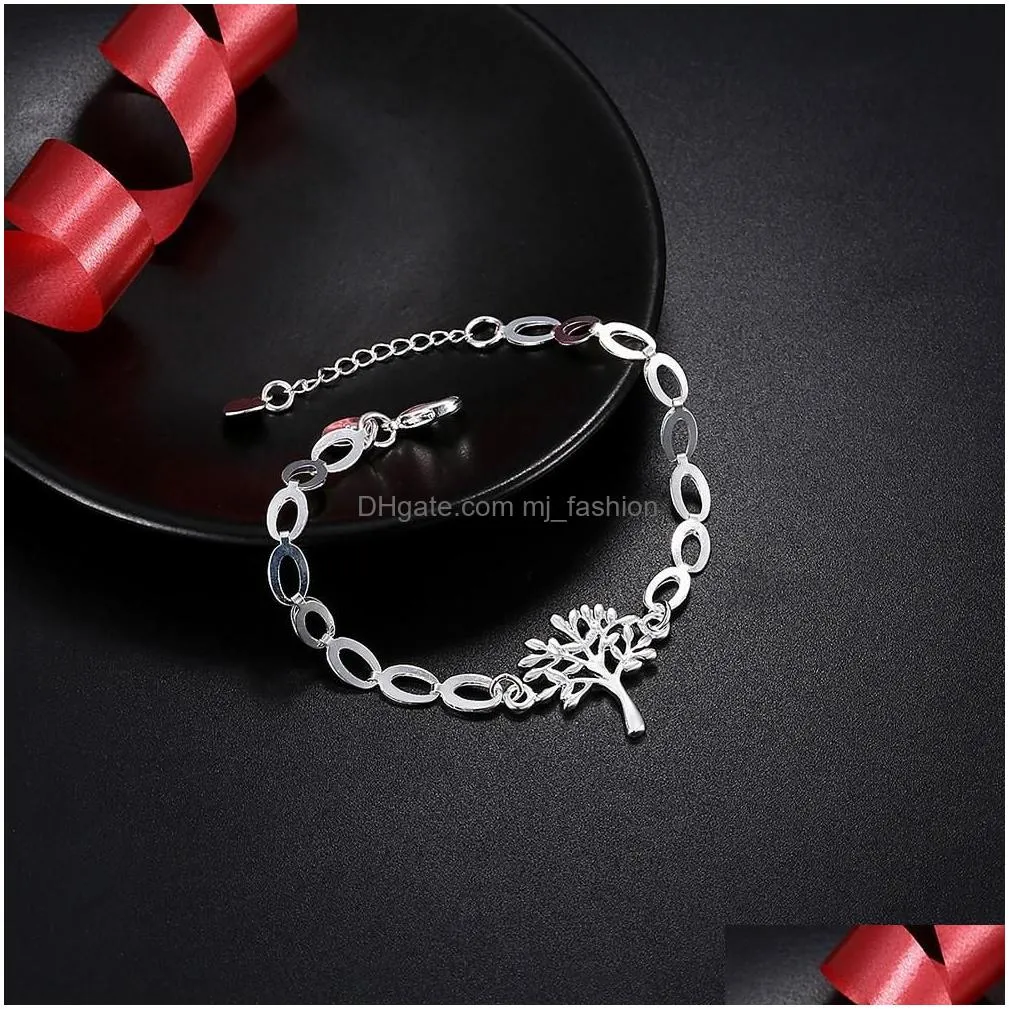 fashion tree of life charms bracelet 925 link chain silver colour life tree leaf pendant bangle bracelet gift ladies jewelry