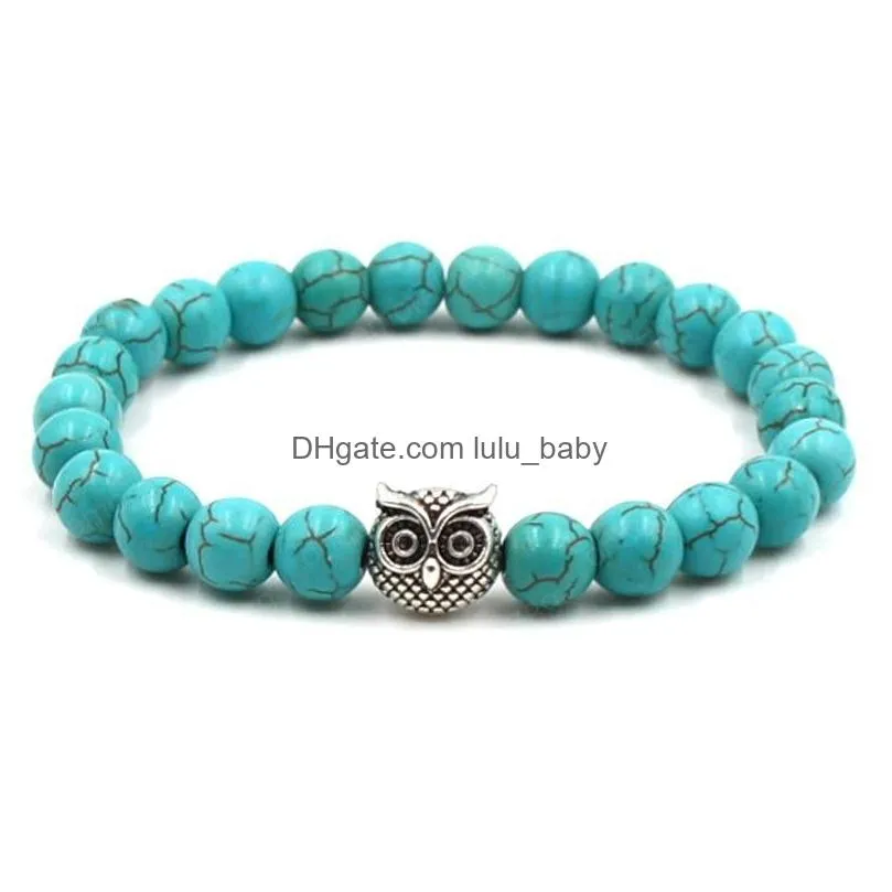 fashion silver owl bracelet for men women 8mm yoga beads handmade beaded bracelets natural stone bangle jewelry