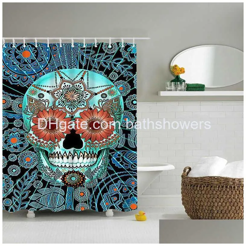 skull cartoon colored design custom shower curtain bathroom waterproof mildewproof polyester fabric