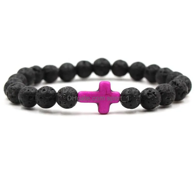 cross charms black lava stone bracelet aromatherapy  oil diffuser bracelet for men women stretch yoga jewelry