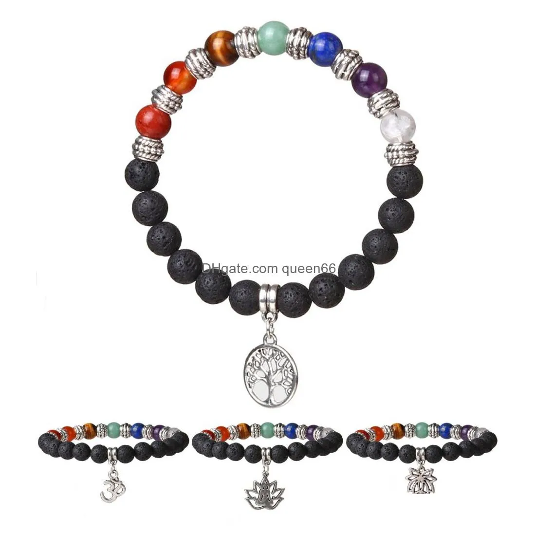 7 chakra energy natural stone elastic yoga beads bracelet buddhism tree of life pendant bracelet charm jewelry 4 styles