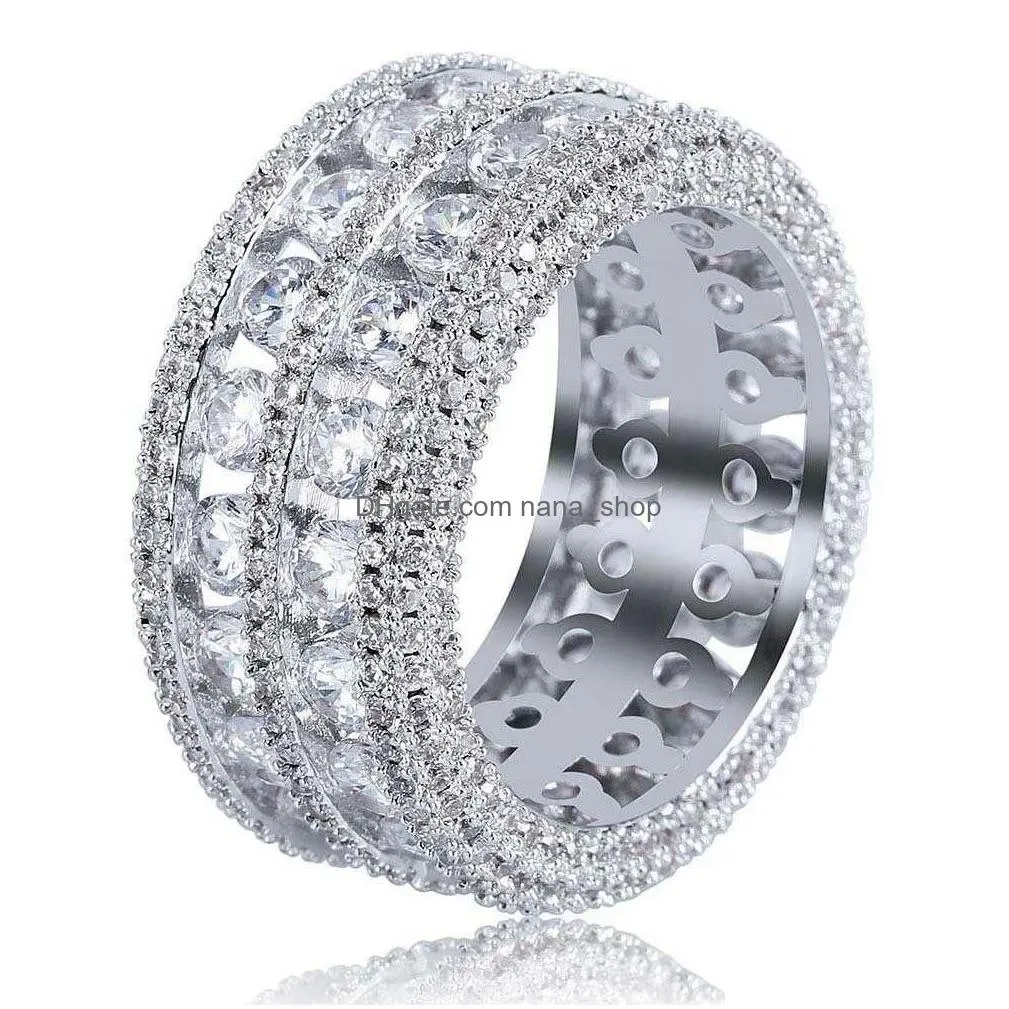 hip hop full diamonds rings with side stones for men luxury crystal ring western 18k gold plated copper zircon jewelry