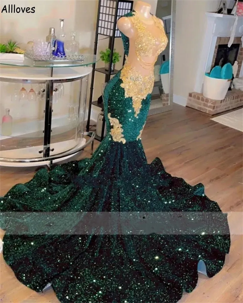 Sexy Hollow Dark Green Sequined Aso Ebi Prom Dresses Long Mermaid Gold Lace Sheer Neck Special Occasion Evening Gowns Plus Size Women Formal Vestidos De Festa CL2356