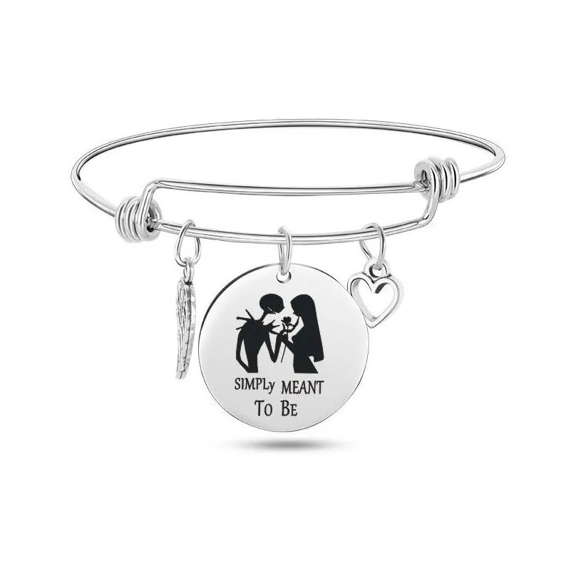 nightmare before christmas bracelets for women men skull round disc charm stainless steel expandable wire bangle fashion jewelry gift