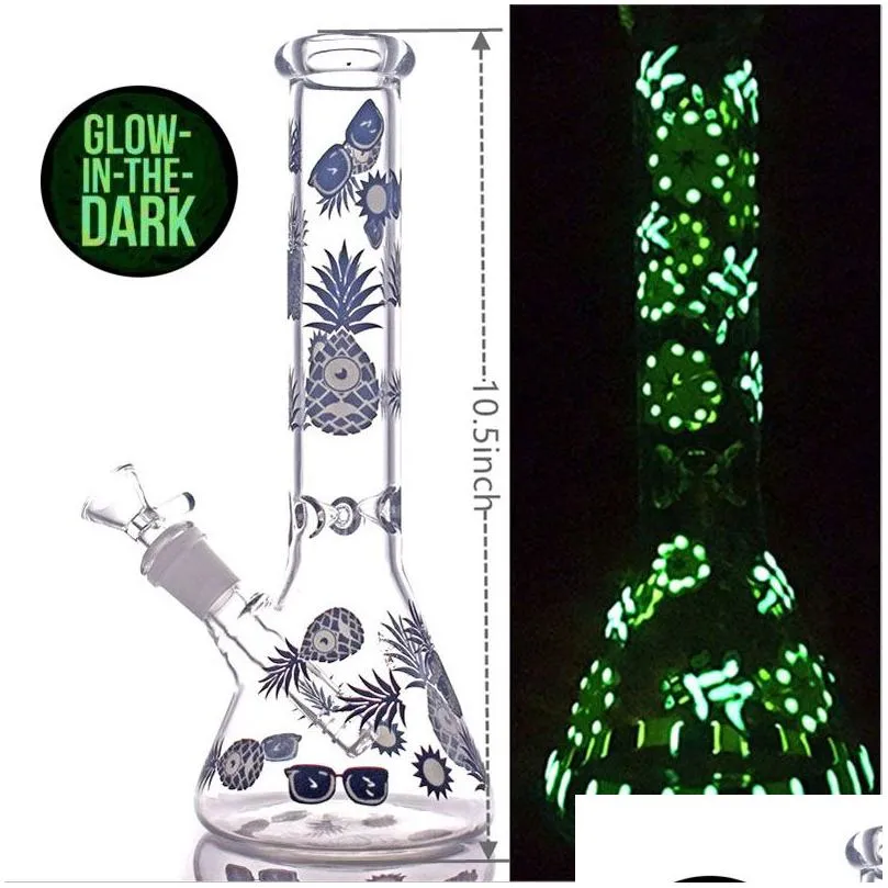 10inch tall glow in the dark hand painted bongs luminous glass beaker bong water pipe dab oil rig 14mm tobacco oil rig bowl