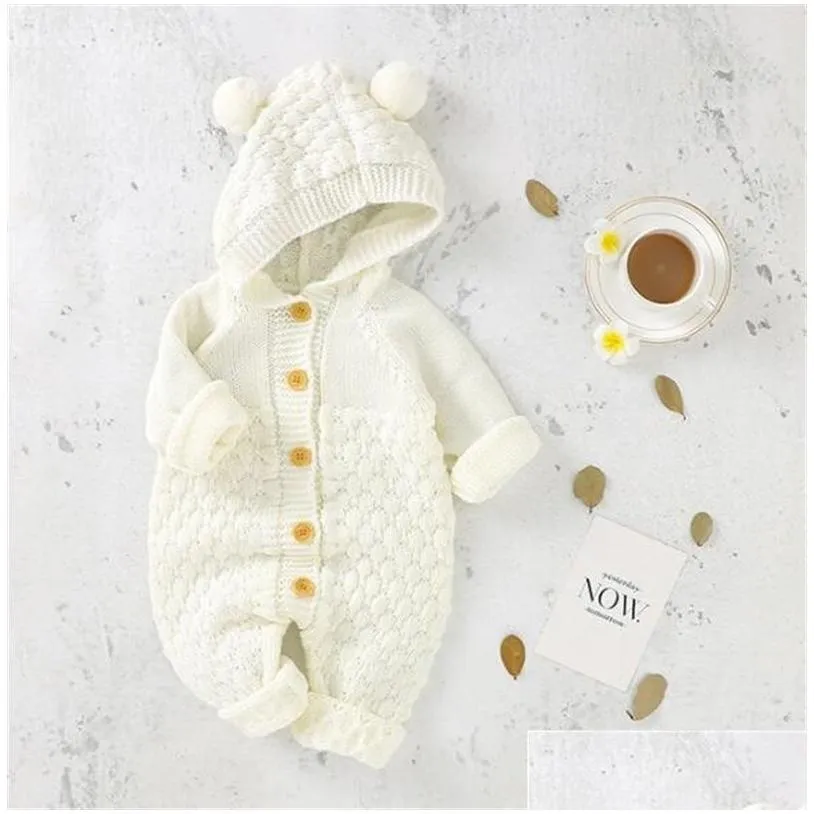 324m hairball baby clothes born babe solid single breasted rompers knitted jumpsuit cute infant boy girls hooded outfit 733 v2