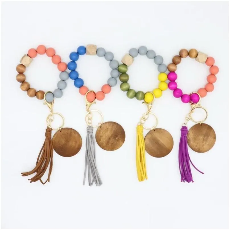 crossborder beaded wooden bead keychain fashion personality disc tassel bracelet key ring female wholesale