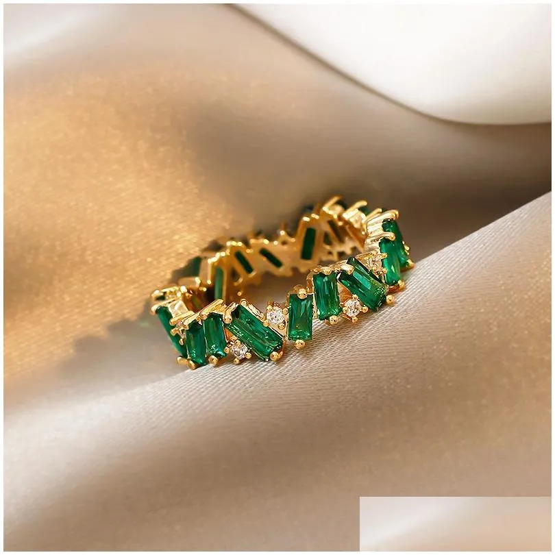 luxury green crystal irregular gold band rings for woman neo gothic jewelry high end zircon setting accessories for korean fashion