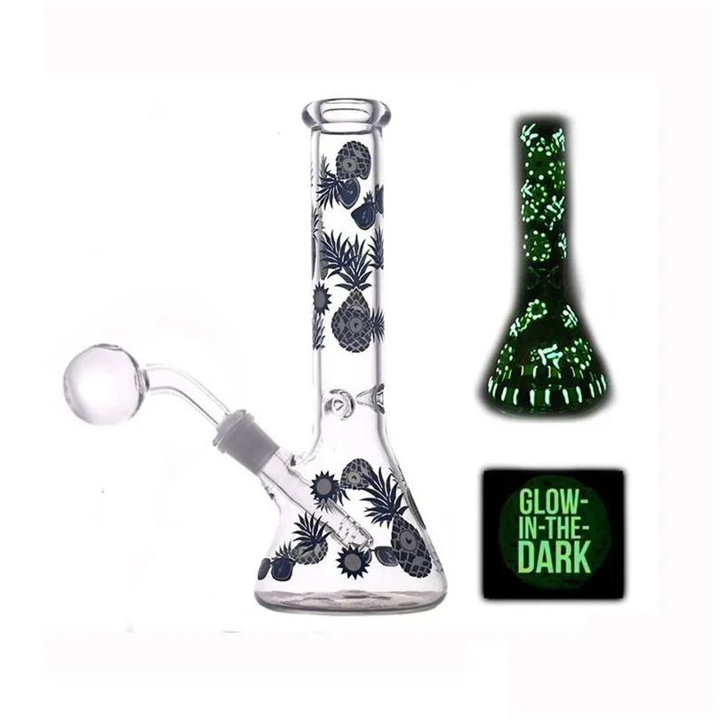 10inch tall glow in the dark hand painted bongs luminous glass beaker bong water pipe dab oil rig 14mm tobacco oil rig bowl